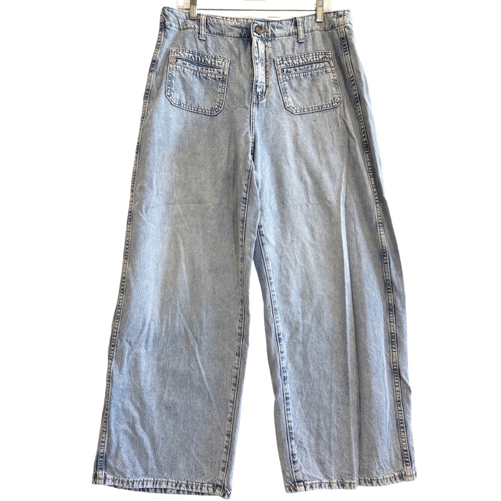 Old Navy Baggy Wide Leg Jeans Women 12 Light Wash High Rise Patch Pocket‎ Denim